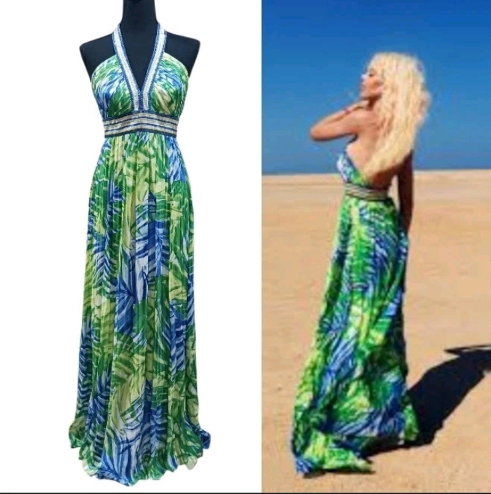 BCBGMaxAzria Silk Halter Maxi Dress Gown Palm Print Sequin